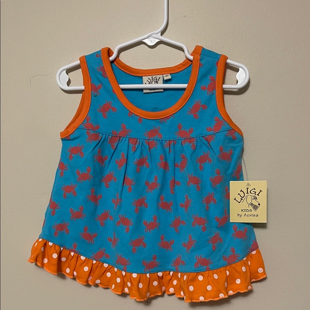 Luigi Kids- Blue and Orange Crab Print Top - 2T